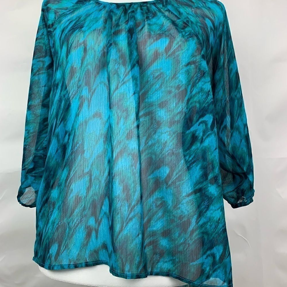 Express Green and Blue print sheer blouse